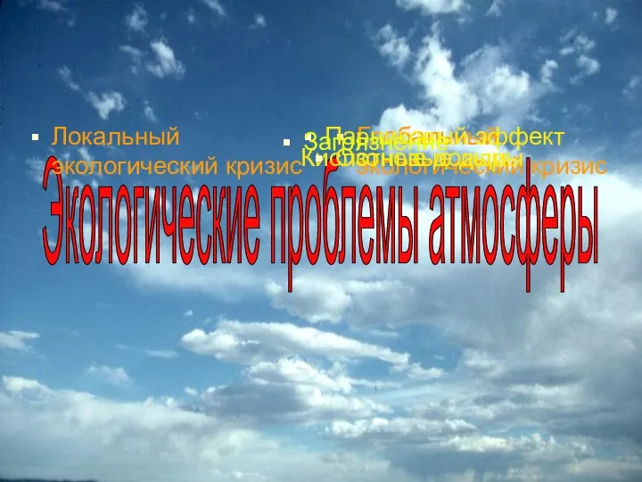 Экологические проблемы атмосферы Локальный экологический кризис Глобальный экологический кризис Кислотные дожди Парниковый эффект Озоновые дыры Загрязнение