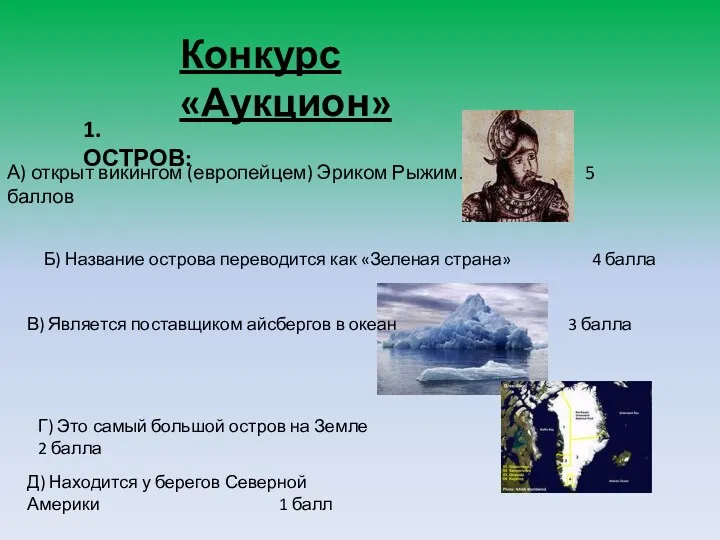 Конкурс «Аукцион» 1. ОСТРОВ: А) открыт викингом (европейцем) Эриком Рыжим.