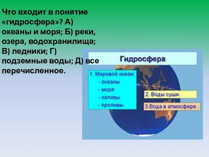 Что входит в понятие «гидросфера»? А) океаны и моря; Б)