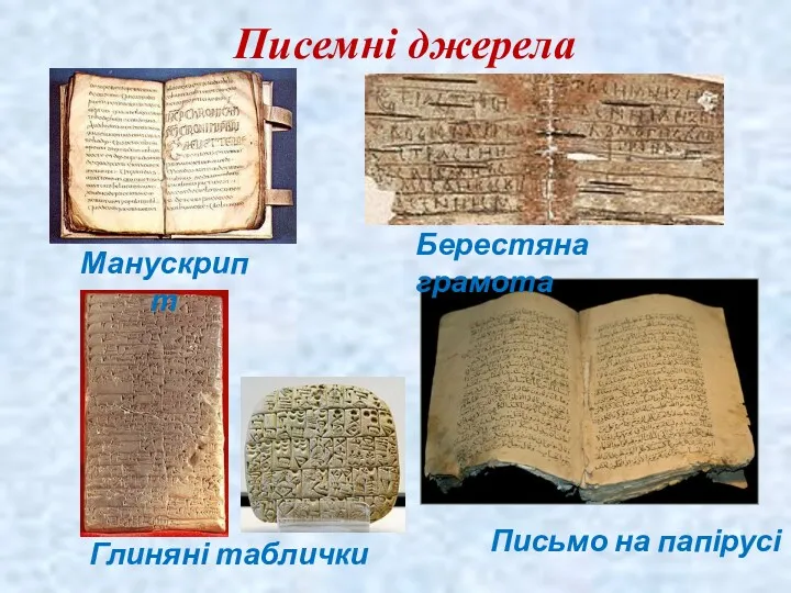 Писемні джерела Глиняні таблички Берестяна грамота Письмо на папірусі Манускрипт