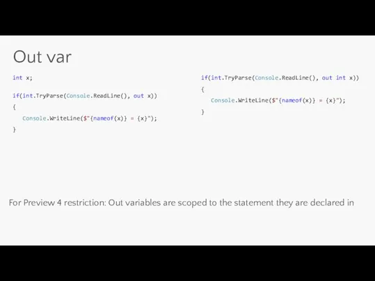 Out var int x; if(int.TryParse(Console.ReadLine(), out x)) { Console.WriteLine($"{nameof(x)} =
