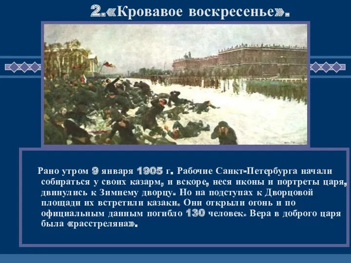 2.«Кровавое воскресенье». Рано утром 9 января 1905 г. Рабочие Санкт-Петербурга