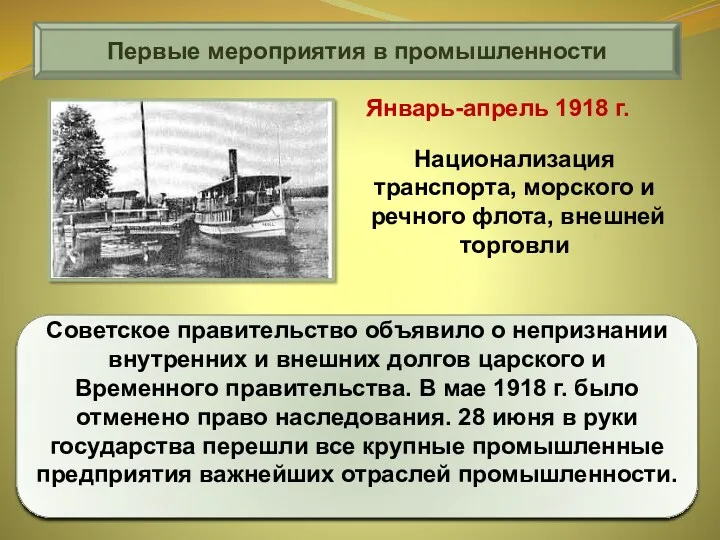 Первые мероприятия в промышленности Советское правительство объявило о непризнании внутренних