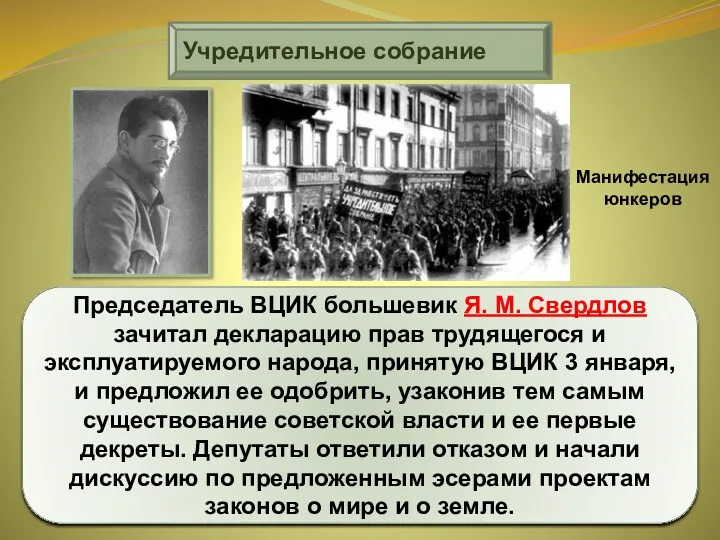 Учредительное собрание Председатель ВЦИК большевик Я. М. Свердлов зачитал декларацию прав трудящегося и