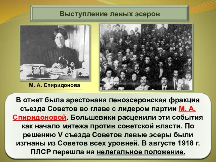 Выступление левых эсеров В ответ была арестована левоэсеровская фракция съезда Советов во главе
