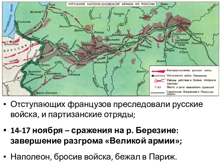 Отступающих французов преследовали русские войска, и партизанские отряды; 14-17 ноября