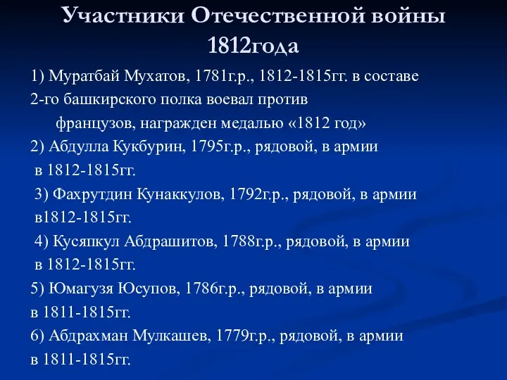 Участники Отечественной войны 1812года 1) Муратбай Мухатов, 1781г.р., 1812-1815гг. в
