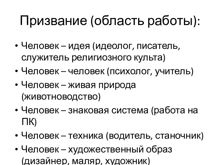 Призвание (область работы): Человек – идея (идеолог, писатель, служитель религиозного