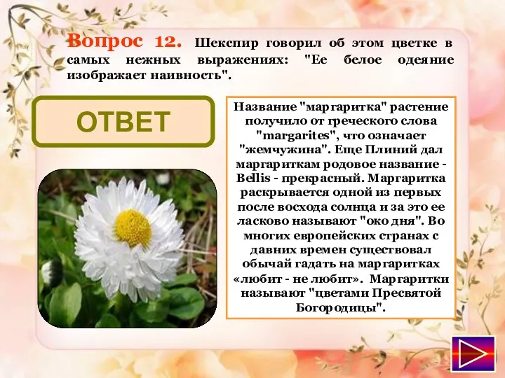 маргаритка ОТВЕТ Вопрос 12. Шекспир говорил об этом цветке в