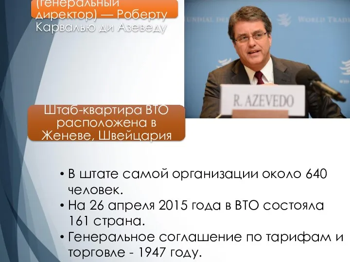 Глава ВТО (генеральный директор) — Роберту Карвалью ди Азеведу Штаб-квартира