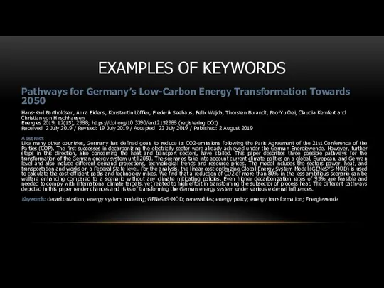 EXAMPLES OF KEYWORDS Pathways for Germany’s Low-Carbon Energy Transformation Towards