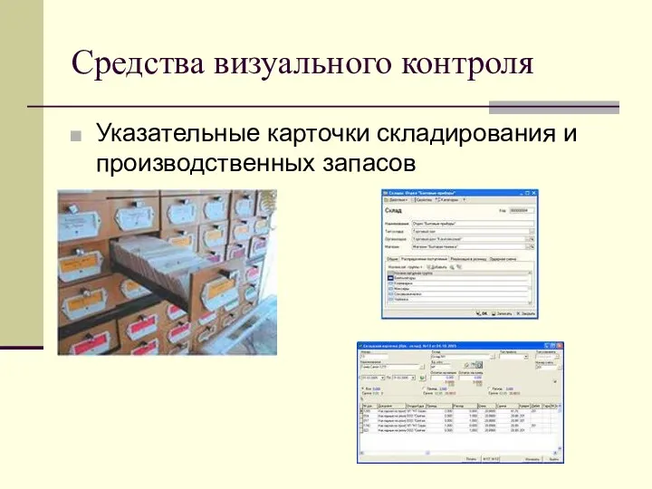 Средства визуального контроля Указательные карточки складирования и производственных запасов