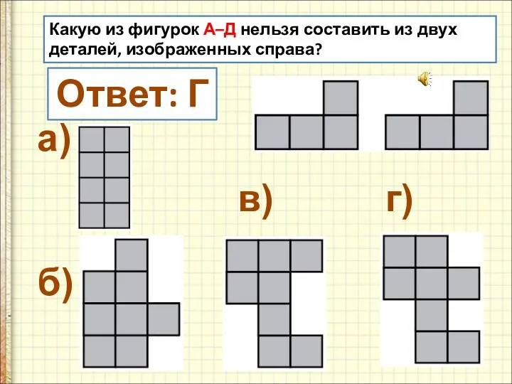 Какую из фигурок А–Д нельзя составить из двух деталей, изображенных справа? а) б)