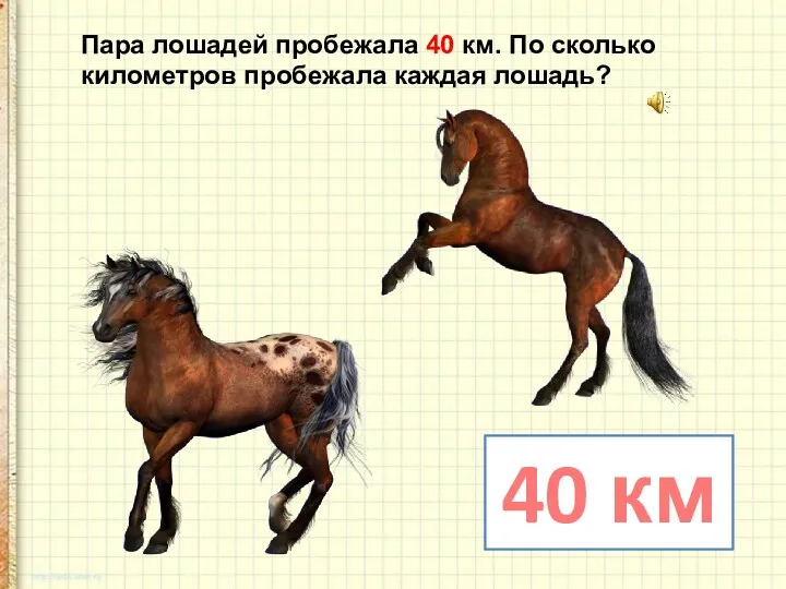 Пара лошадей пробежала 40 км. По сколько километров пробежала каждая лошадь? 40 км