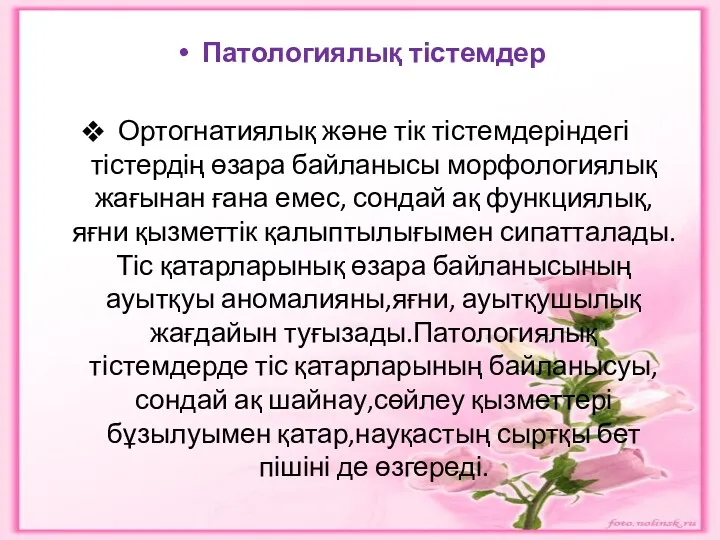 Патологиялық тістемдер Ортогнатиялық және тік тістемдеріндегі тістердің өзара байланысы морфологиялық