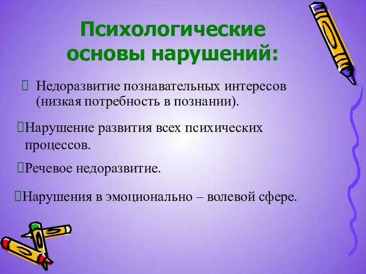 Психологические основы нарушений: Недоразвитие познавательных интересов (низкая потребность в познании).