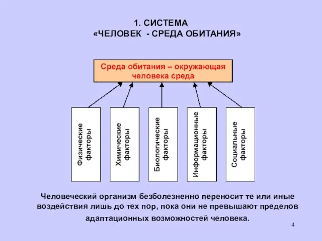 1. СИСТЕМА «ЧЕЛОВЕК - СРЕДА ОБИТАНИЯ» Человеческий организм безболезненно переносит