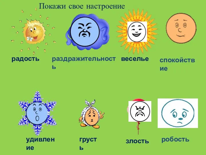 радость веселье грусть злость удивление робость раздражительность спокойствие Покажи свое настроение