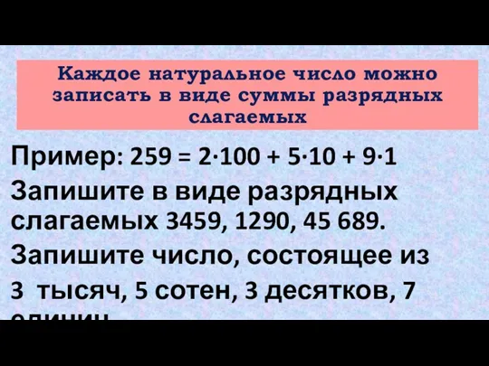 Каждое натуральное число можно записать в виде суммы разрядных слагаемых