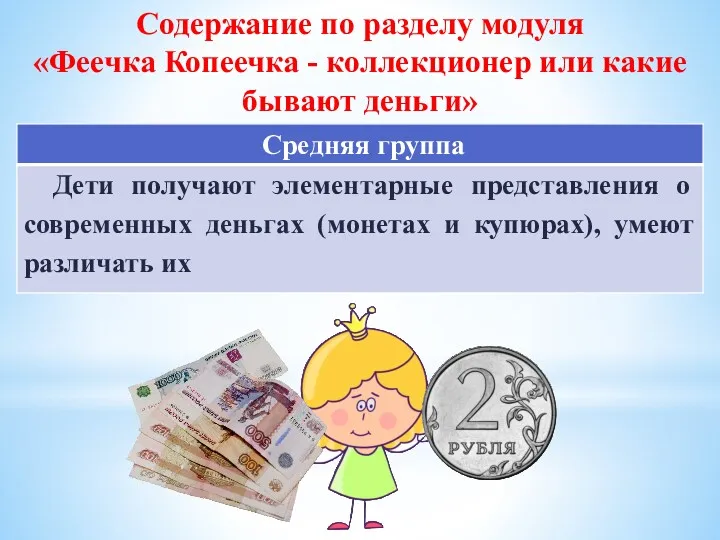 Содержание по разделу модуля «Феечка Копеечка - коллекционер или какие бывают деньги»