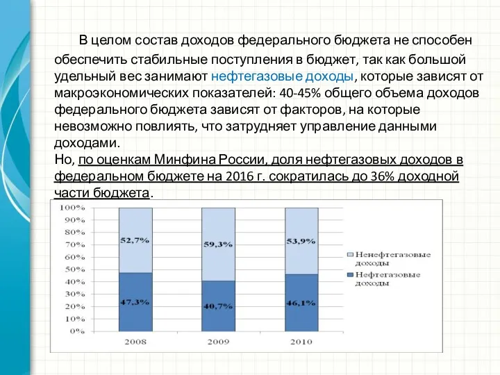 В целом состав доходов федерального бюджета не способен обеспечить стабильные