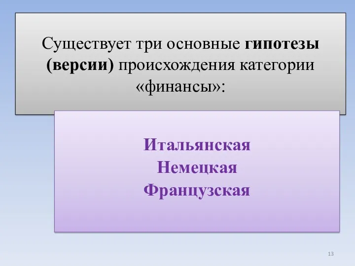 Существует три основные гипотезы (версии) происхождения категории «финансы»: Итальянская Немецкая Французская