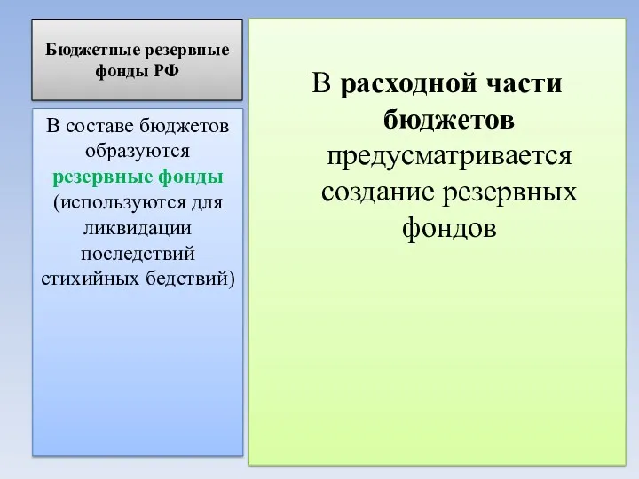 Бюджетные резервные фонды РФ В расходной части бюджетов предусматривается создание