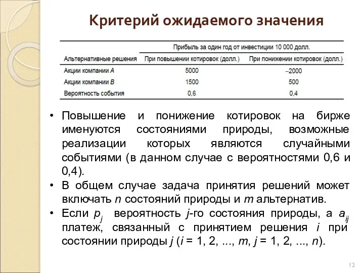 Критерий ожидаемого значения Повышение и понижение котировок на бирже именуются