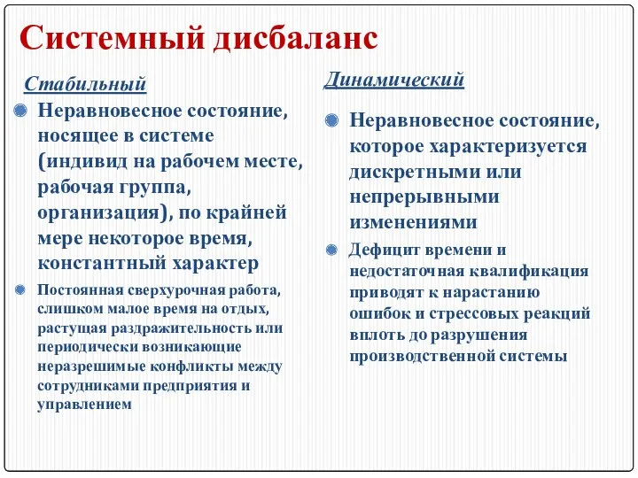 Системный дисбаланс Стабильный Неравновесное состояние, носящее в системе (индивид на