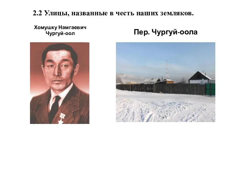 Хомушку Намгаевич Чургуй-оол Пер. Чургуй-оола 2.2 Улицы, названные в честь наших земляков.