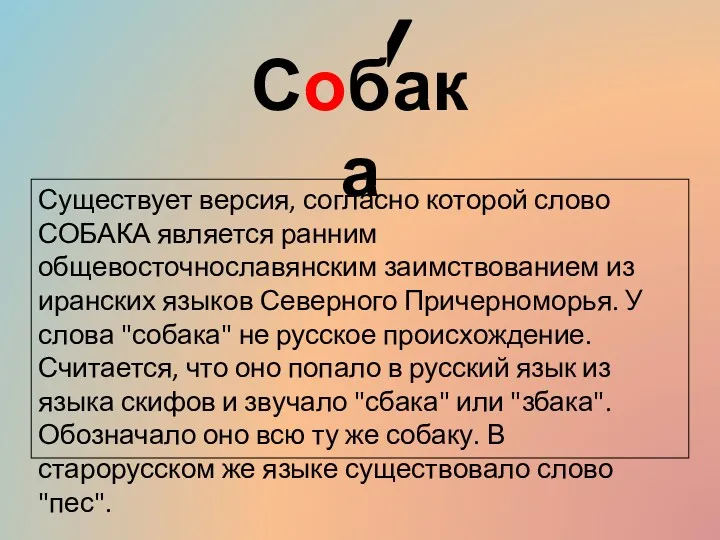 Собака Существует версия, согласно которой слово СОБАКА является ранним общевосточнославянским