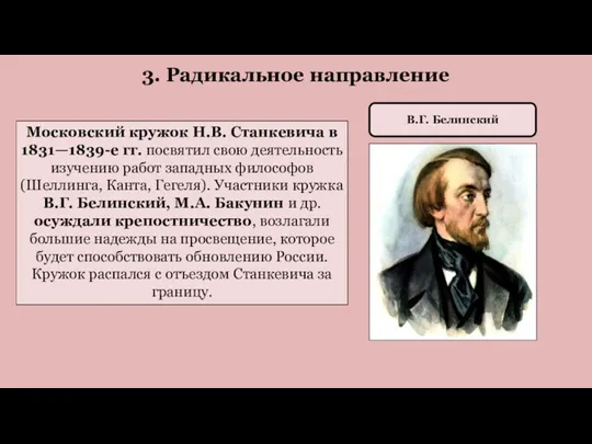 В.Г. Белинский Московский кружок Н.В. Станкевича в 1831—1839-е гг. посвятил свою деятельность изучению