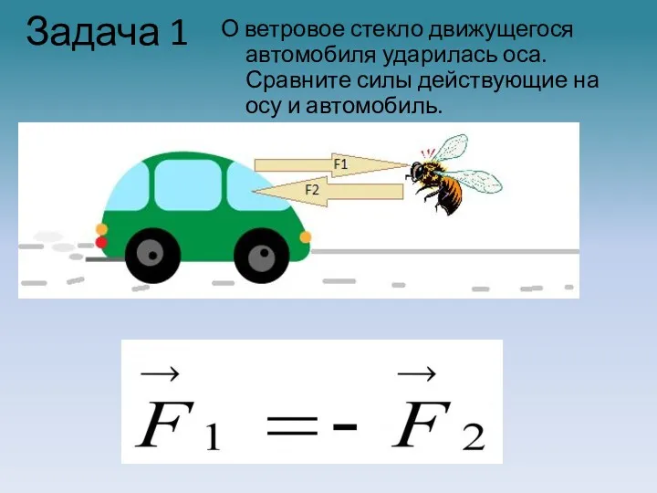 Задача 1 О ветровое стекло движущегося автомобиля ударилась оса. Сравните силы действующие на осу и автомобиль.