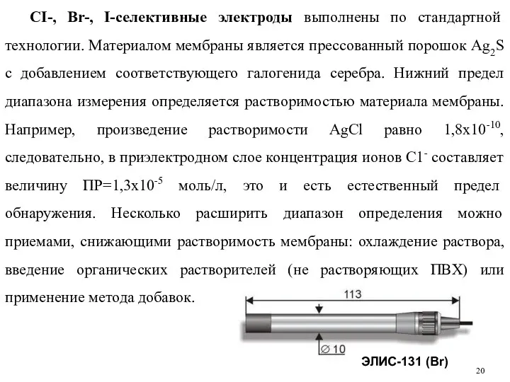 CI-, Br-, I-селективные электроды выполнены по стандартной технологии. Материалом мембраны