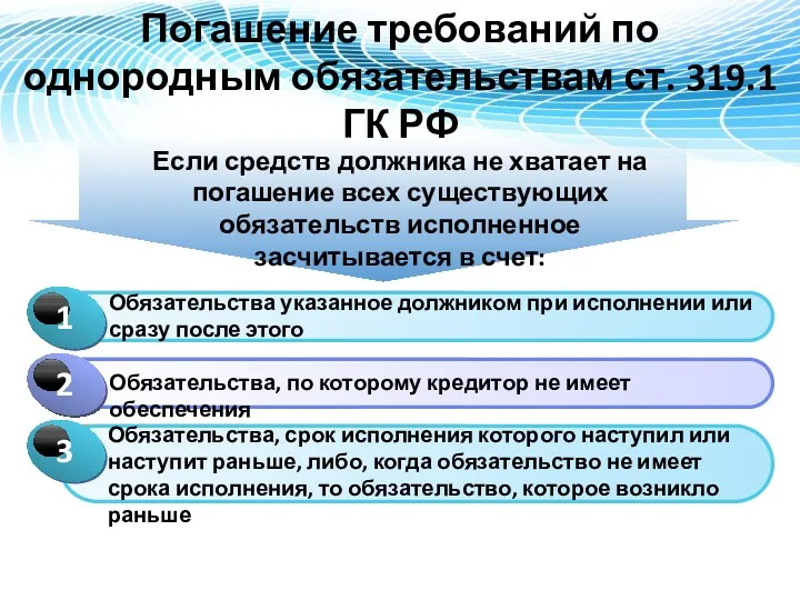 Погашение требований по однородным обязательствам ст. 319.1 ГК РФ Если средств должника не