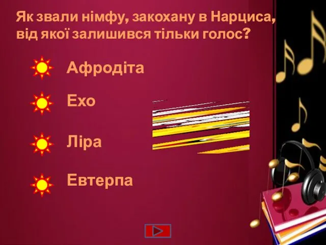 Як звали німфу, закохану в Нарциса, від якої залишився тільки голос? Ехо Ліра Афродіта Евтерпа