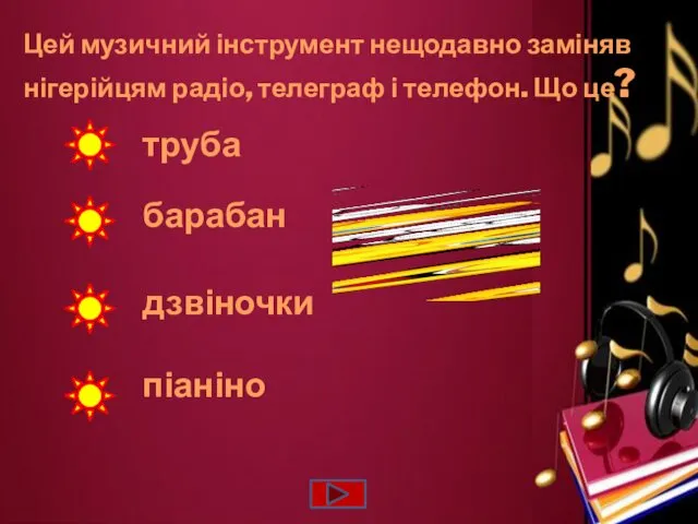 Цей музичний інструмент нещодавно заміняв нігерійцям радіо, телеграф і телефон. Що це? барабан дзвіночки труба піаніно