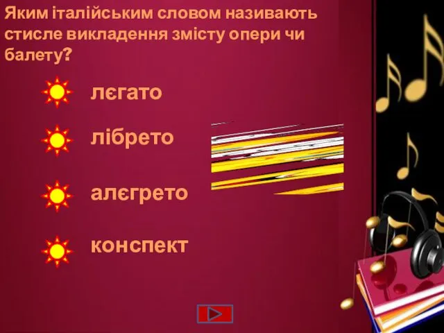 Яким італійським словом називають стисле викладення змісту опери чи балету? лібрето алєгрето лєгато конспект