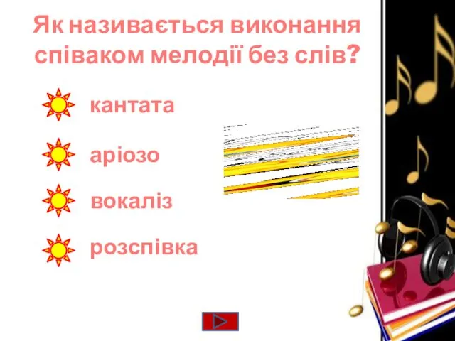 Як називається виконання співаком мелодії без слів? кантата аріозо розспівка вокаліз