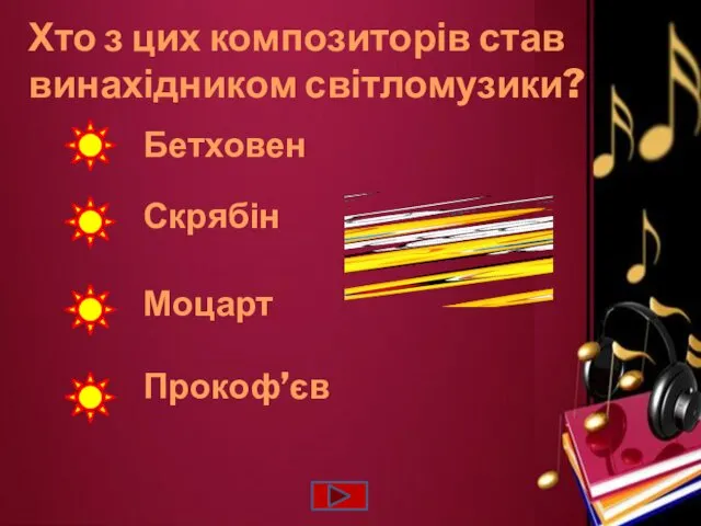 Хто з цих композиторів став винахідником світломузики? Скрябін Моцарт Бетховен Прокоф’єв