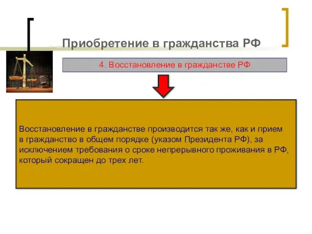 Приобретение в гражданства РФ 4. Восстановление в гражданстве РФ Восстановление