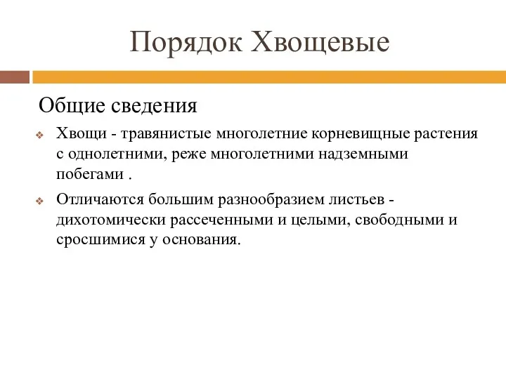 Порядок Хвощевые Общие сведения Хвощи - травянистые многолетние корневищные растения