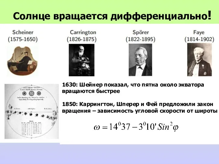 Солнце вращается дифференциально! 1630: Шейнер показал, что пятна около экватора