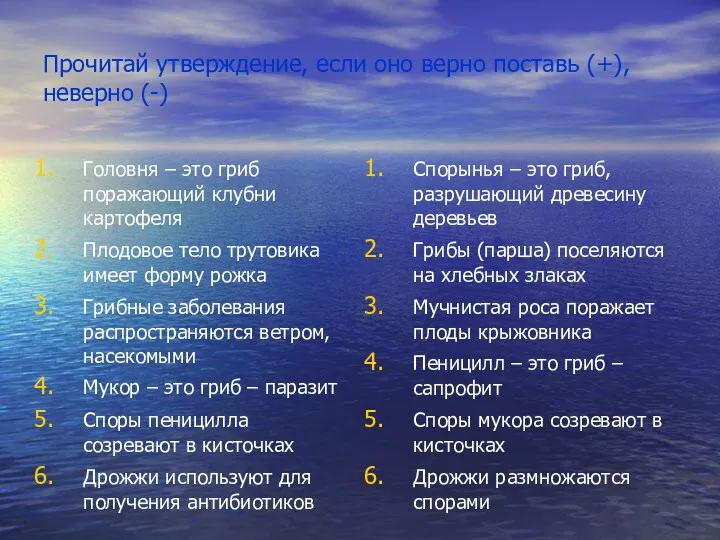 Прочитай утверждение, если оно верно поставь (+), неверно (-) Головня