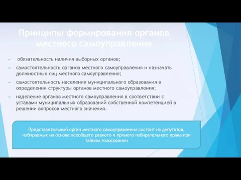 Принципы формирования органов местного самоуправления обязательность наличия выборных органов; самостоятельность