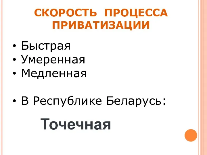 СКОРОСТЬ ПРОЦЕССА ПРИВАТИЗАЦИИ Быстрая Умеренная Медленная В Республике Беларусь: Точечная