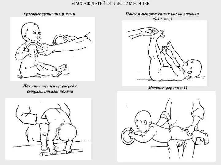 Круговые вращения руками Подъем выпрямленных ног до палочки (9-12 мес.)