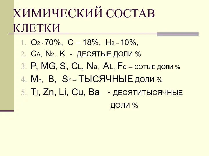 ХИМИЧЕСКИЙ СОСТАВ КЛЕТКИ O2 - 70%, C – 18%, H2