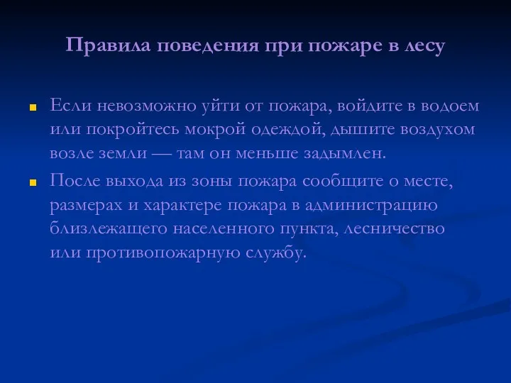 Правила поведения при пожаре в лесу Если невозможно уйти от