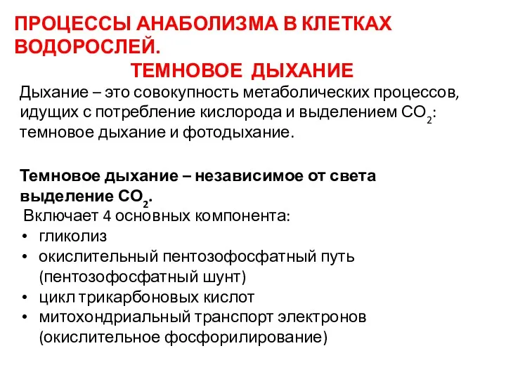 ПРОЦЕССЫ АНАБОЛИЗМА В КЛЕТКАХ ВОДОРОСЛЕЙ. ТЕМНОВОЕ ДЫХАНИЕ Темновое дыхание –